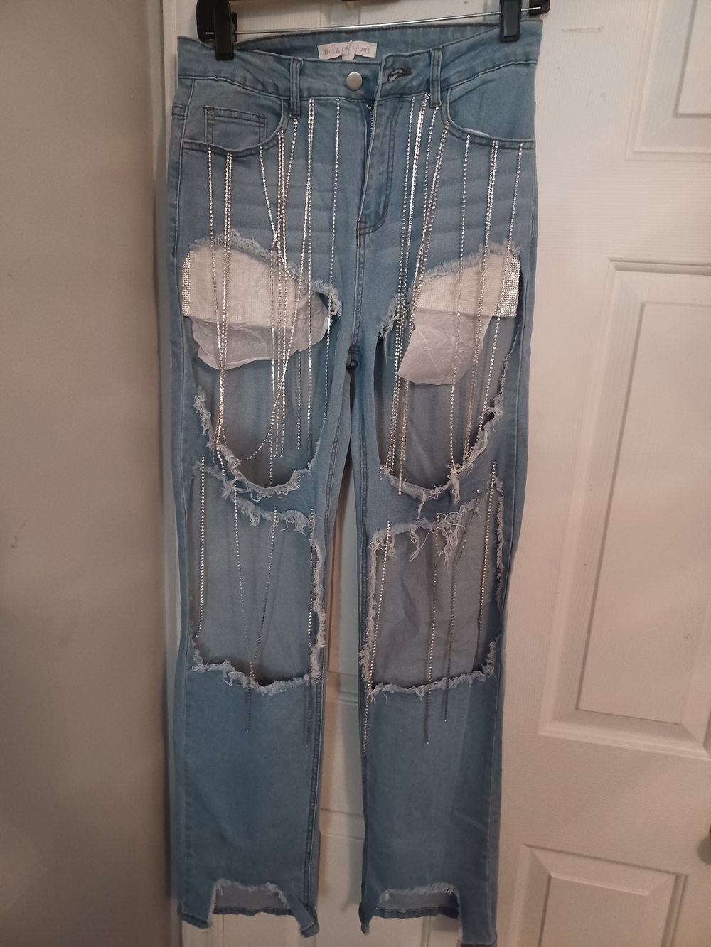 Light Blue Distressed Rhinestone-Trim Women’s Jeans